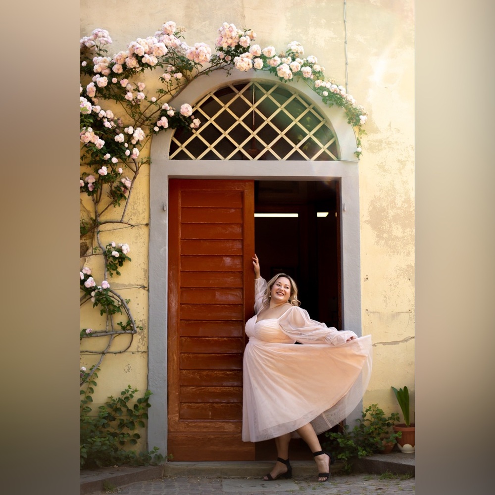 NABELA NOOR X ELOQUII Tiered Puff Sleeve Tulle Midi Dress in Blush Pink - Sz 20